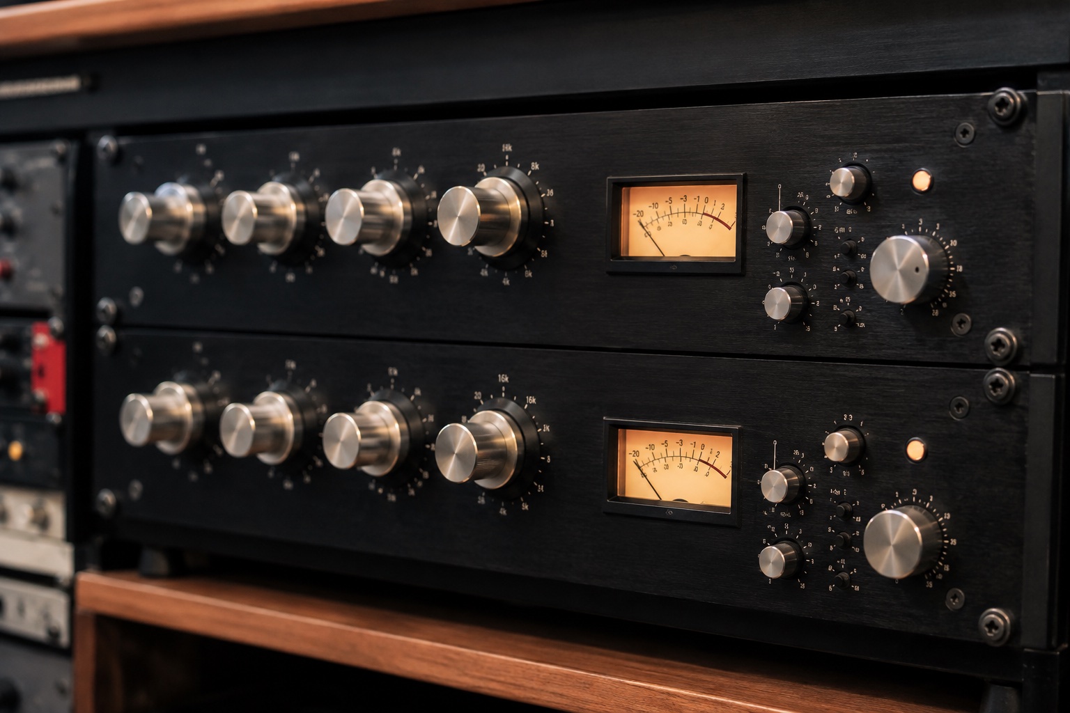 AI-generated mastering study of paired audio processors and analog meters, not actual AER equipment.
