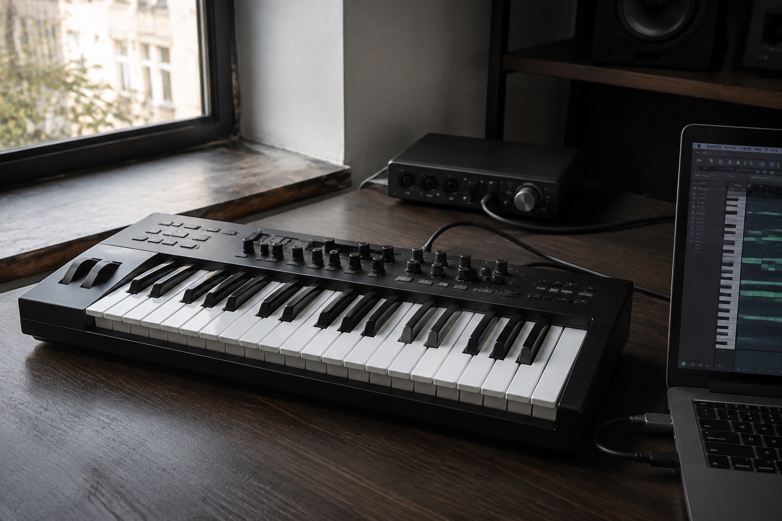 AI-generated editorial study of a MIDI keyboard and composing desk, not actual AER equipment.