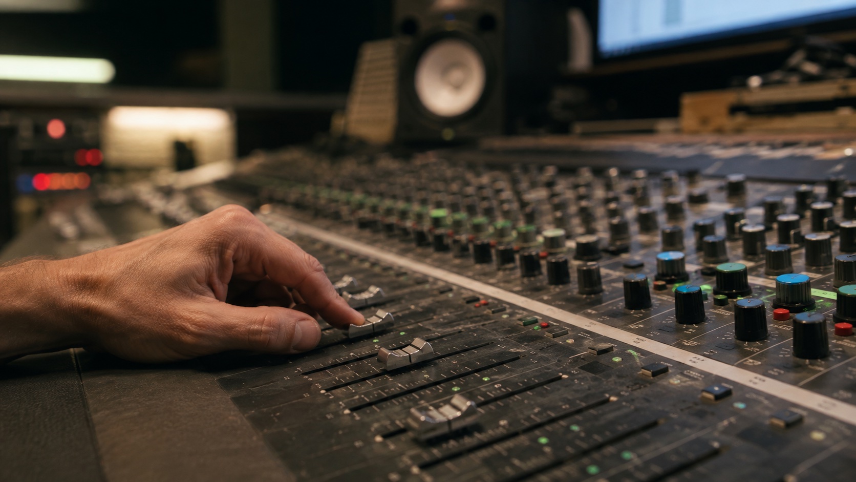 AI-generated editorial study of hands at a mixing console. Illustrative imagery, not actual AER equipment or personnel.