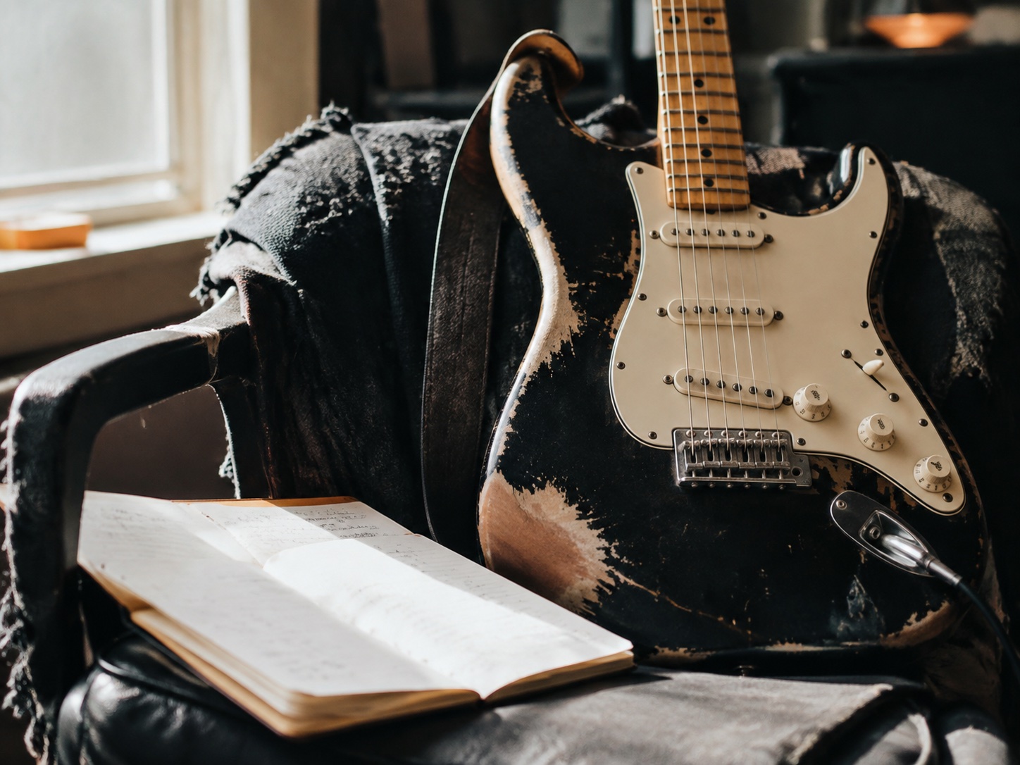 AI-generated editorial still life of a worn electric guitar, chair and notebook in window light.