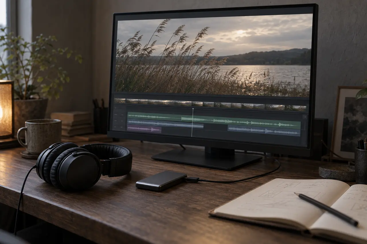 AI-generated illustration: A video editing monitor, headphones, portable drive and notebook on a wooden desk.