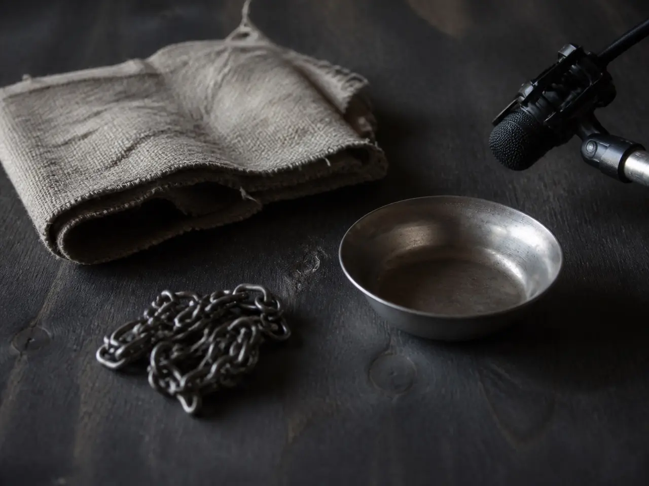 AI-generated tactile study of fabric, a coiled chain and metal bowl beside a microphone.