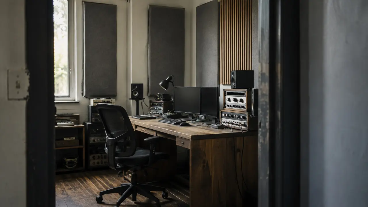 AI-generated editorial study of a daylight recording room. Illustrative imagery, not an actual AER studio facility.
