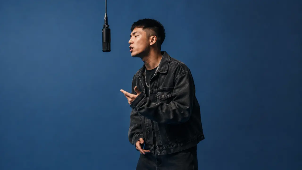 AI-generated editorial performance study of a vocalist at a microphone. Illustrative imagery, not an AER member or session.