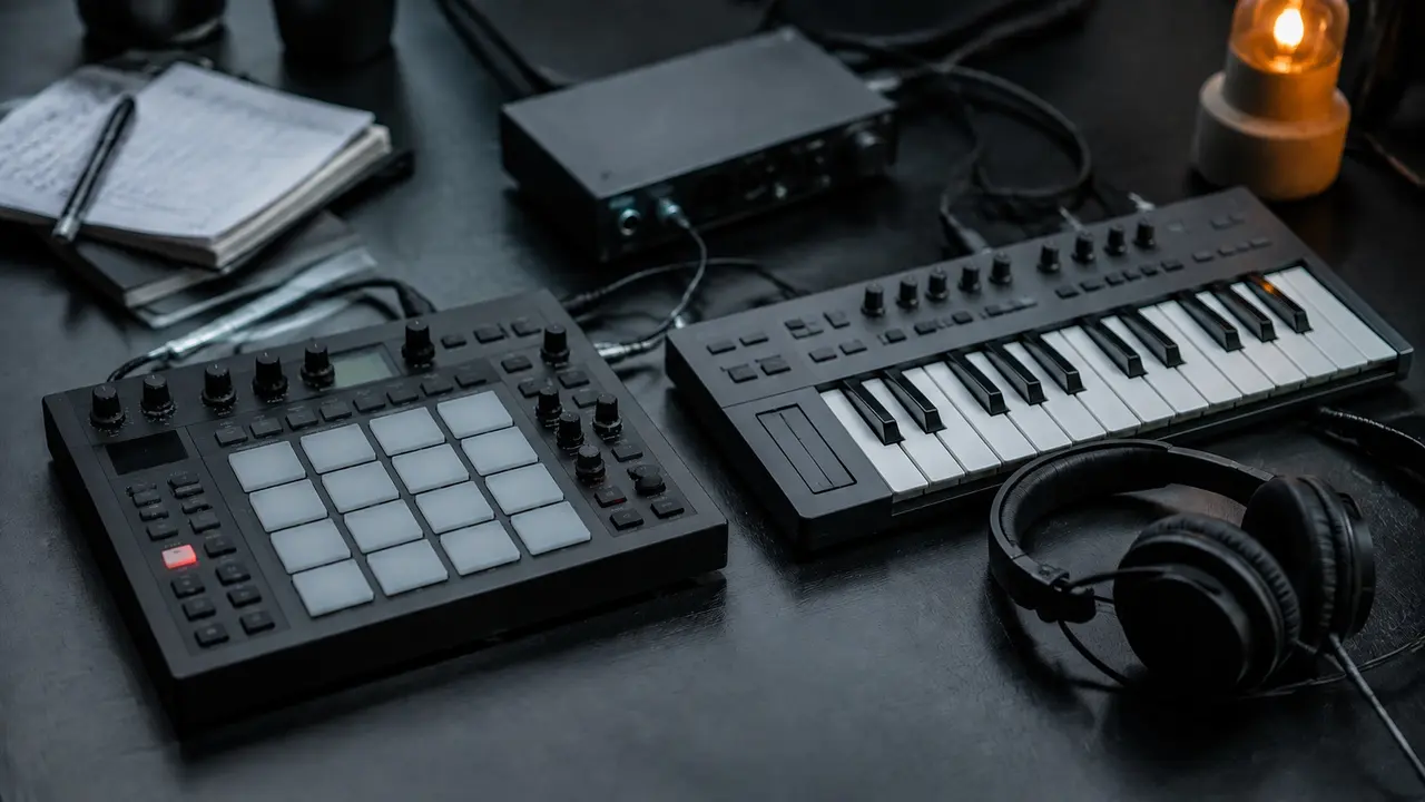 AI-generated editorial illustration of a music production workspace, not an actual AER session.