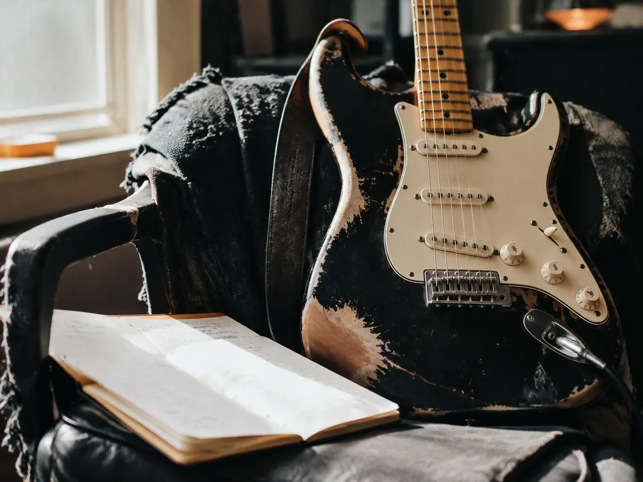 AI-generated editorial still life of a worn electric guitar, chair and notebook in window light.
