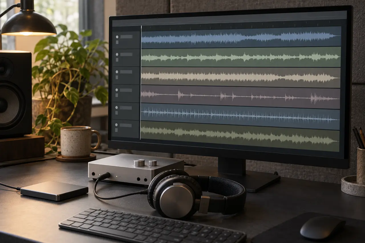 AI-generated illustration of aligned audio tracks, an audio interface, headphones and a portable drive; not an actual AER session.