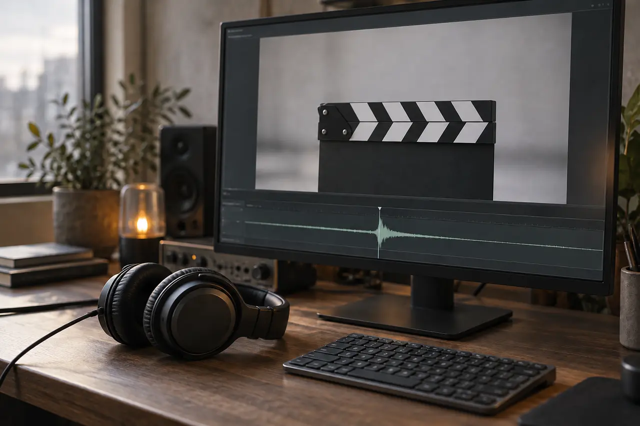 AI-generated illustration of a monitor showing a clapperboard and an audio waveform, with headphones on a desk; not an actual AER session.